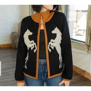 THML Women's Cardigan Size S Black White & Camel Horse